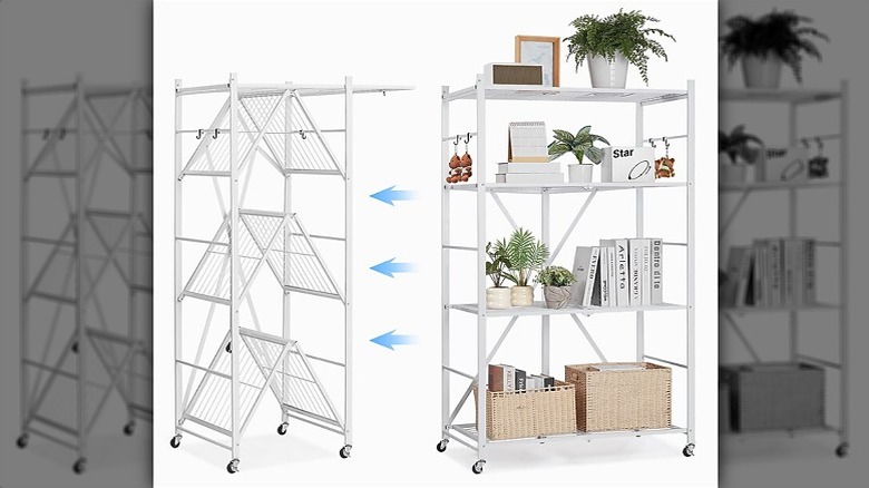 GIVIMO 4-tier storage shelf in a partially folded position on the left, then unfolded and stocked on the right