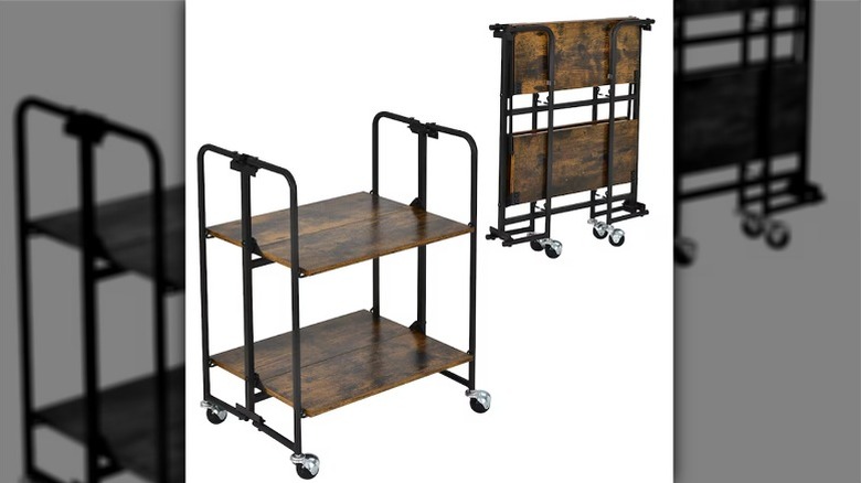 SUGIFT foldable two-tier storage cart shown in an open position and folded position