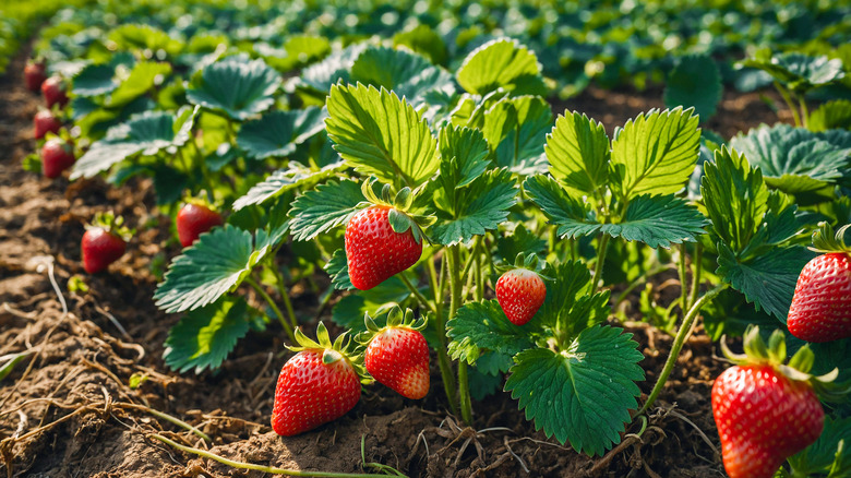 Rows of strawberry plants growing in a field.