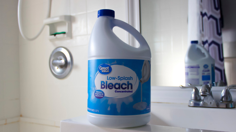 Bottle of bleach on bathroom counter