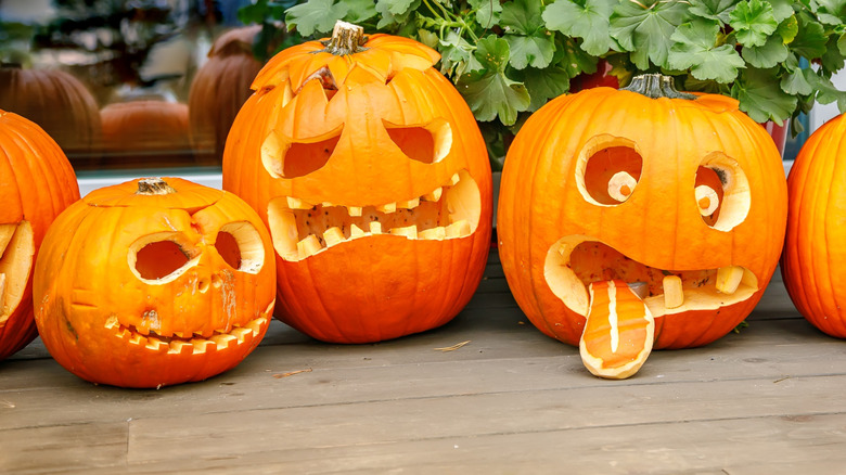Row of pumpkins with carved faces