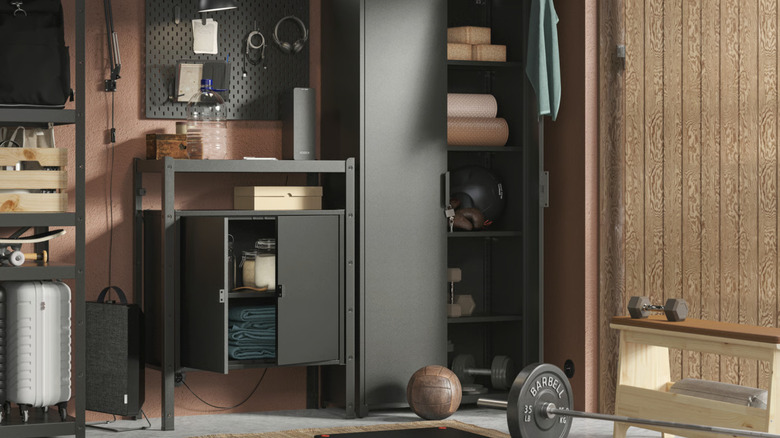 IKEA BROR Shelving unit with cabinet in a modern, organized garage.