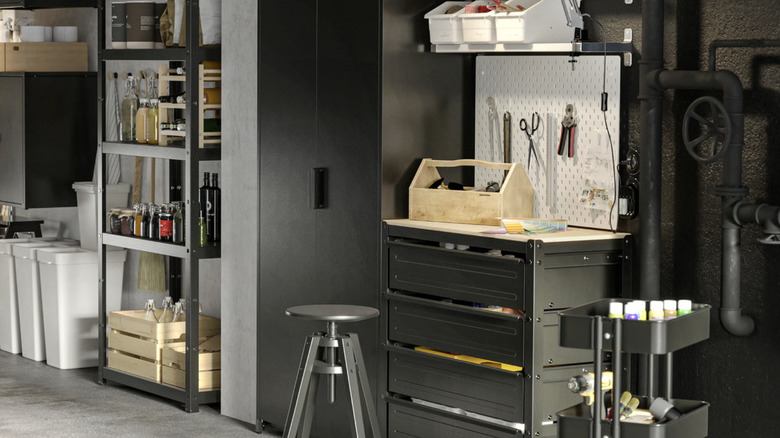 IKEA BROR shelf unit with cabinet in a modern, organized garage.