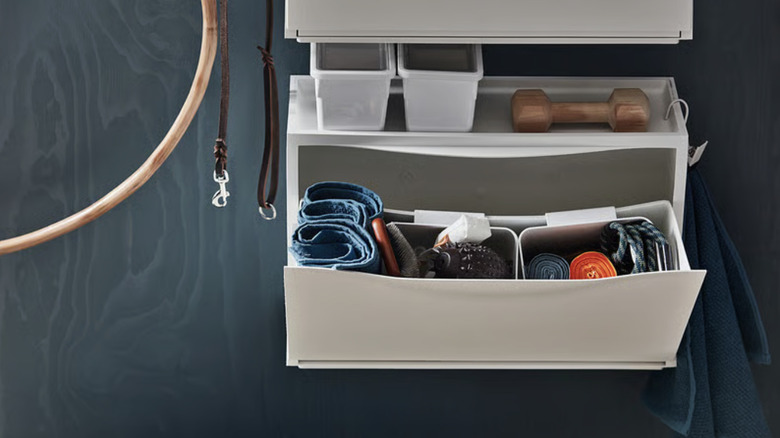 IKEA TRONES Shoe/storage cabinet holding workout gear.