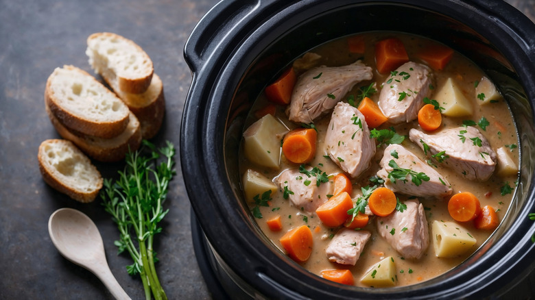 A slow cooker containing a hearty stew sitting on a marble counter with slices of bread, herbs and a wooden spoon beside it.