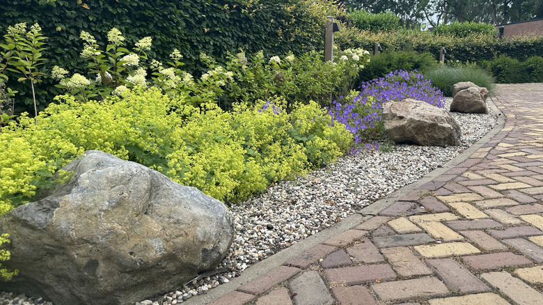 Large landscaping rocks along a garden