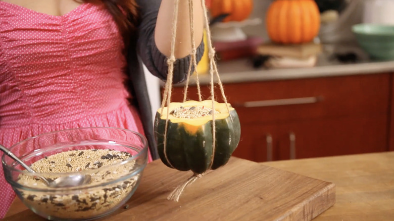 A half of a squash hanging from some string and filled with birdseed.