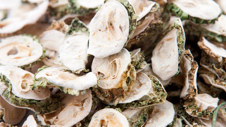 Dried oyster shells scattered on a table