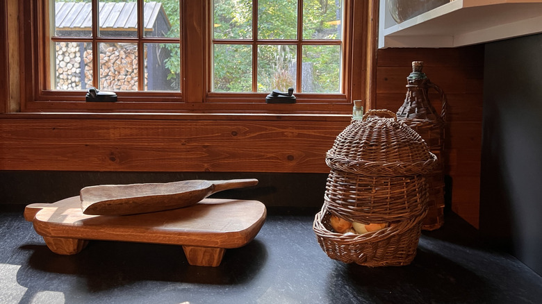 cutting board sitting on soapstone countertop