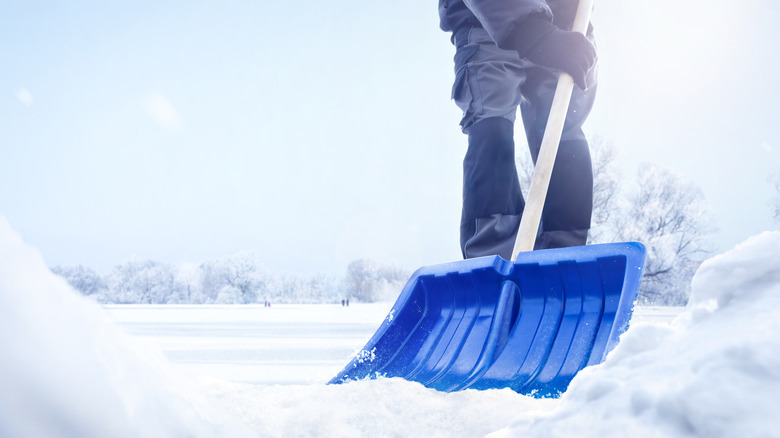 Close up of someone using a blue snow shovel