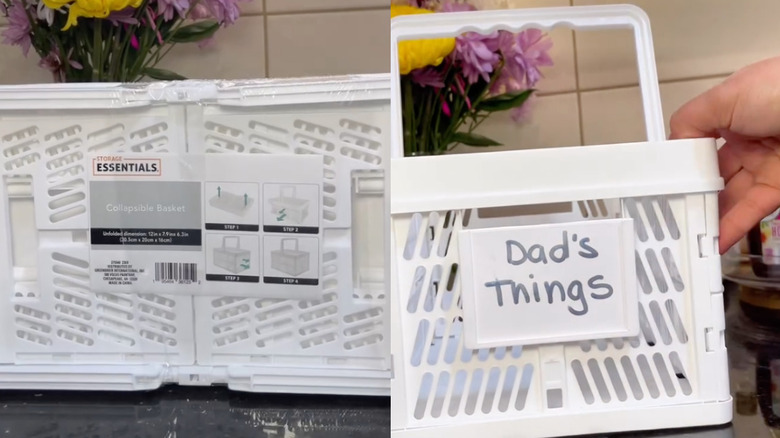 side-by-side of white collapsible basket in and out of packaging