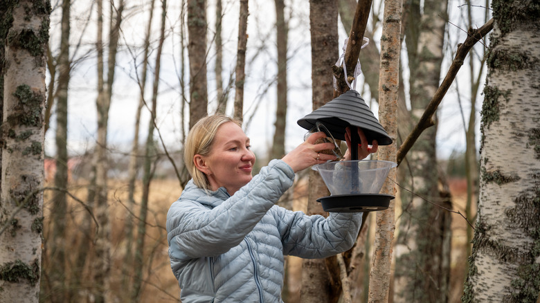 woman refilling hanging bird feeder with seed