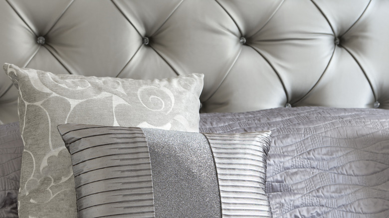 Silver viscose fabric headboard and cushions