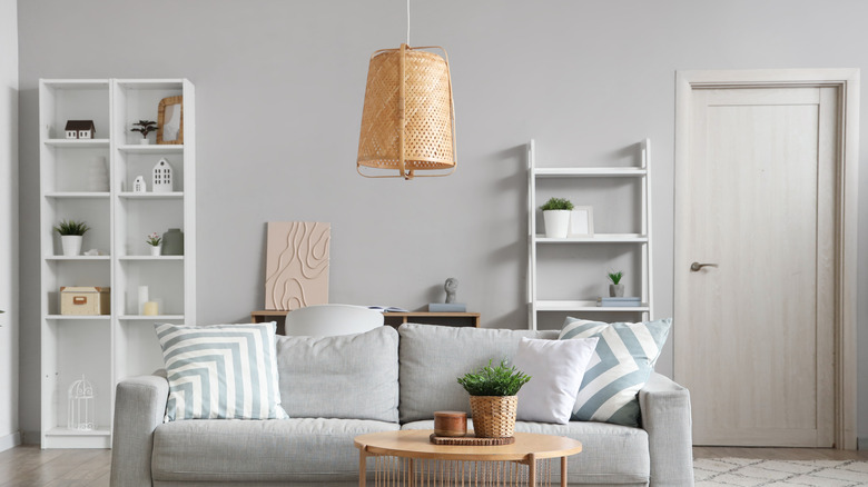 Gray paint in a living room with shelves and sofa