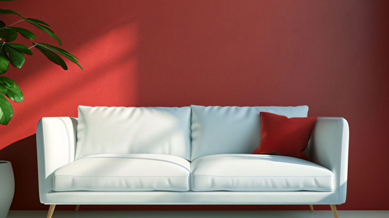 Red paint behind a white sofa in living room