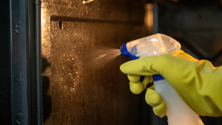 Gloved hand spraying oven cleaner