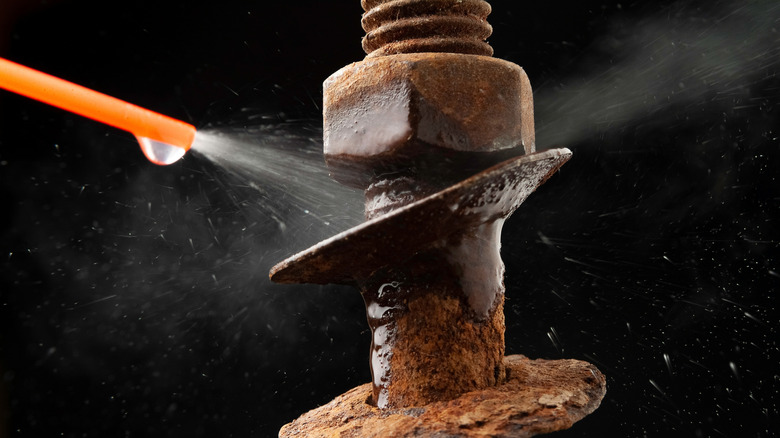 closeup of person spraying rusted bolt