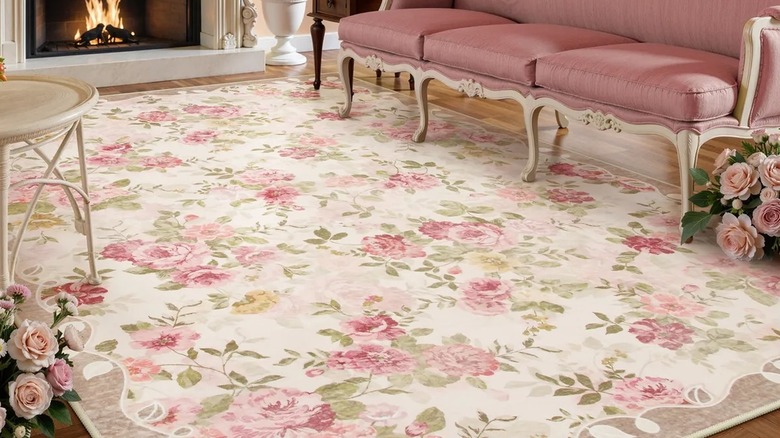 Pink floral Lahome rug in a living room with a fireplace