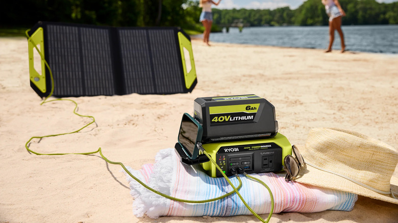 Ryobi 40V power source/charger at the beach being used to charge devices