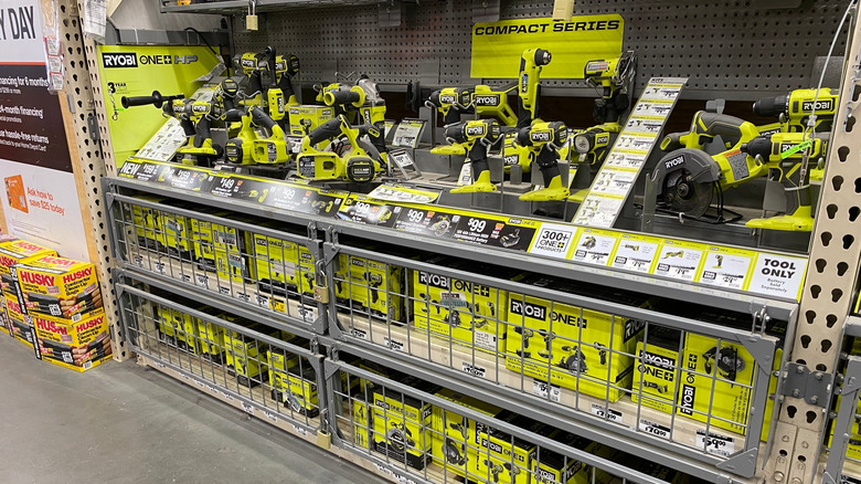 The RYOBI tool section at a hardware store.