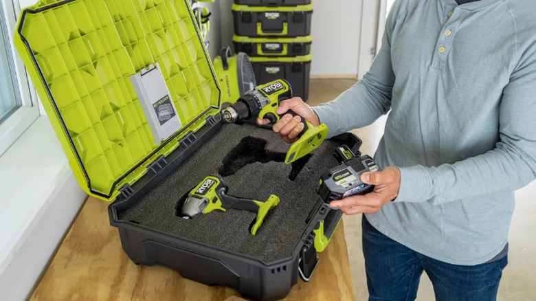 The RYOBI foam insert in a RYOBI tool kit.