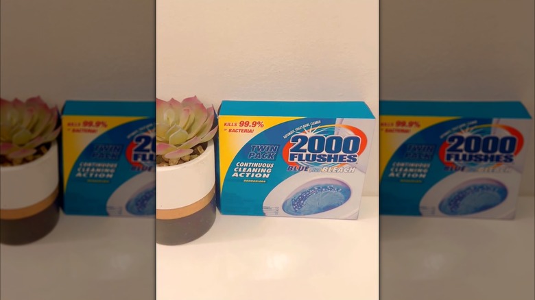 A pack of 2000 Flushes Blue Plus Bleach sitting atop a toilet.