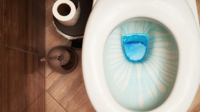 A toilet with blue water rushing in.