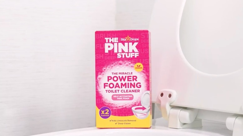 The Pink Stuff's The Miracle Power Foaming Toilet Cleaner on a toilet bowl.