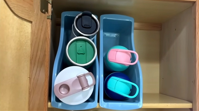 dollar tree book bins storing water bottles