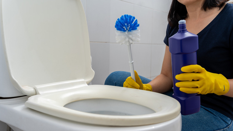 Closeup of woman next to toilet holding plunger and dish soap
