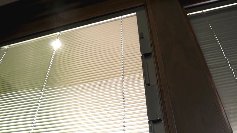 Dark wood framed glass door with built-in blinds