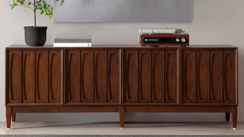 Vintage inspired wooden accent console from Costco with record player on top