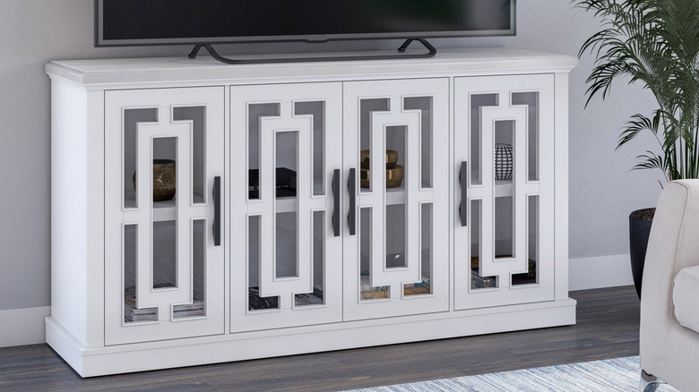 White media console with glass windows from Costco