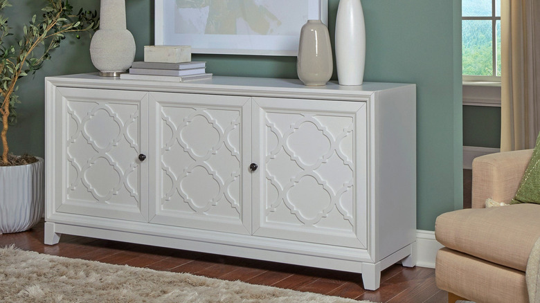 Gray white media console from Costco with patterned wood
