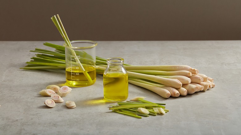 lemongrass oil in bottle and jar on counter