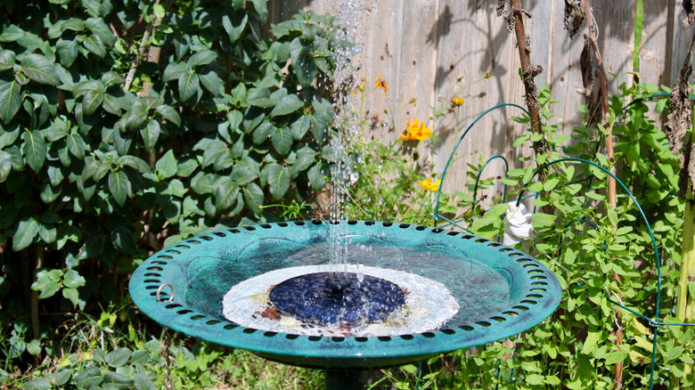 Close up of blue bird bath with water fountain