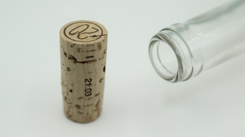 Close up of wine bottle cork next to wine bottle