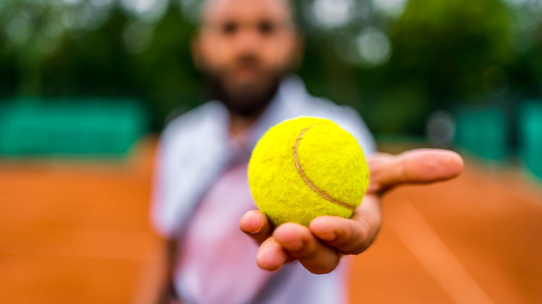 Close up of person holding up a tennis ball