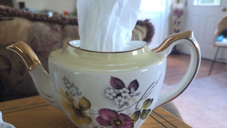 Vintage tea pot as a tissue holder