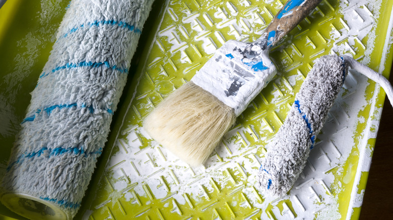 Paint roller, tray, and paint brush