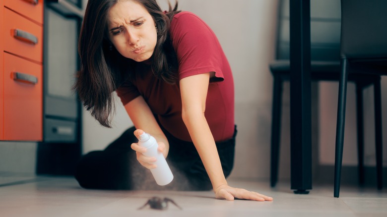 Woman spraying spider with insecticide