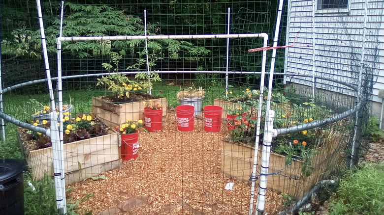 Garden bed fence made of trampoline