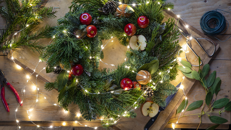 Christmas wreath decorated with fairy lights