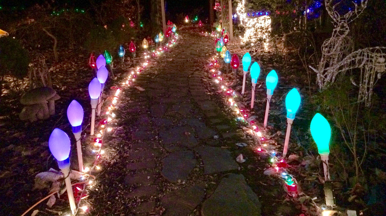 Pathway lit with Christmas light stakes