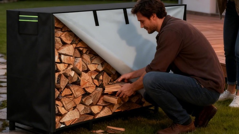 A man takes firewood from a fully stocked rack with a fabric cover pulled back.