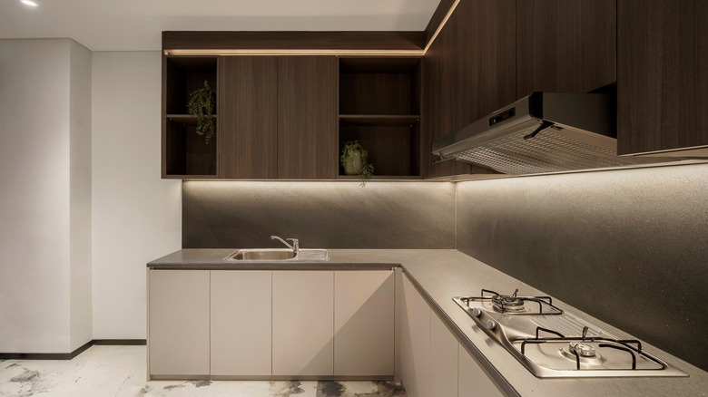 A modern L-shaped kitchen in a house.