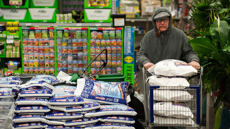 person at a store buying bags of calcium chloride