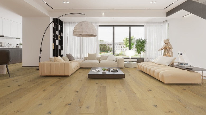 Whitewashed European oak flooring in a living room with white and neutral decor