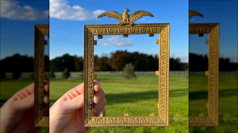 person holding neoclassical frame outdoors