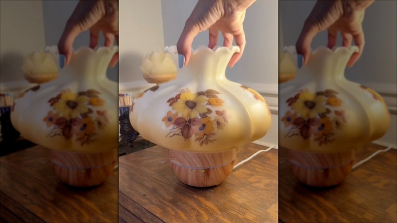 A glass lampshade is placed over an essential oils diffuser as a decorative cover.